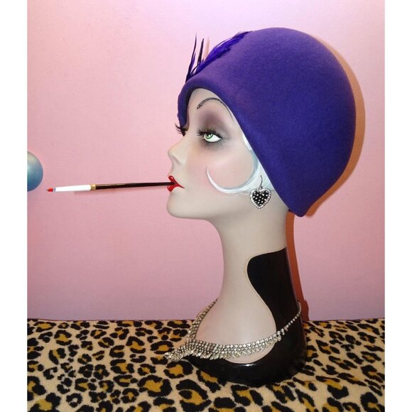 Vintage Mr. Charles Purple Wool Bucket Hat w/ Feathers church hat Kentucky Derby - Picture 5 of 11